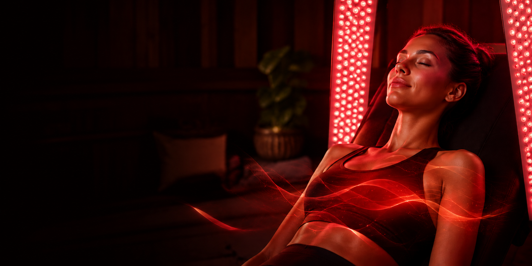 Woman in a dimly lit room with red LED lights, possibly in a spa or wellness setting.
