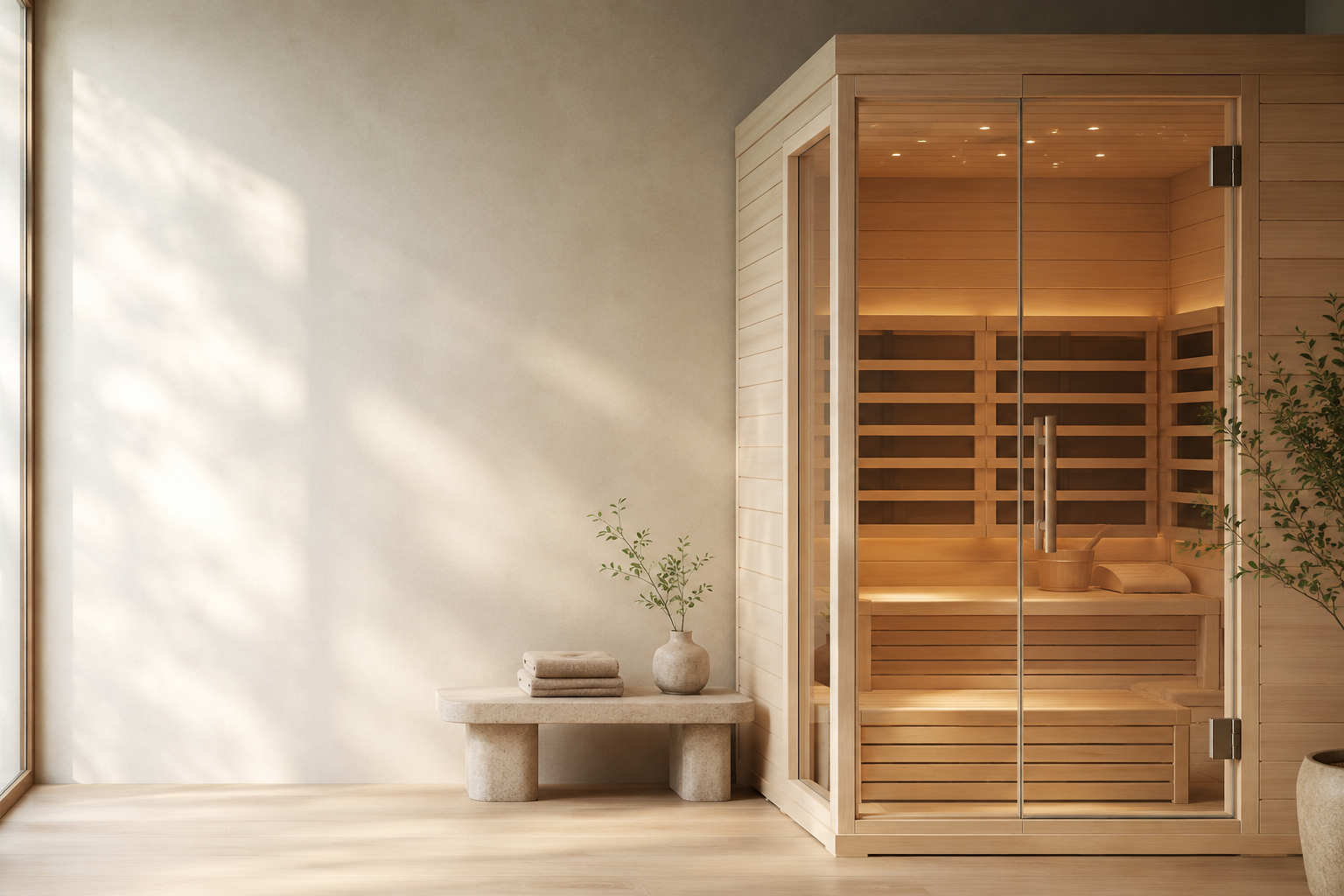Light Canadian hemlock infrared sauna in a bright, minimalist wellness room