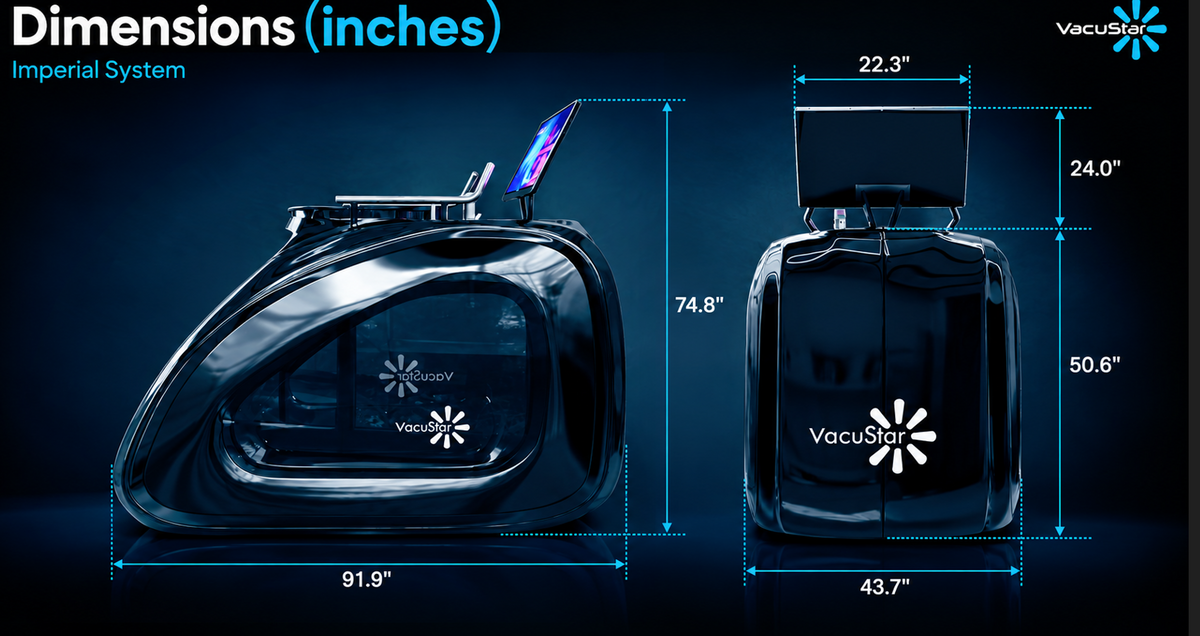 VacuStar Dream Grand dimensions in inches: 91.9 long, 43.7 wide, 74.8 overall height