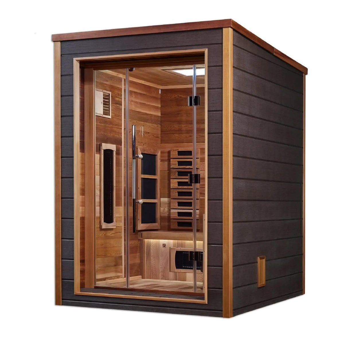 Dynamic Nora two-person hybrid sauna with a dark all-weather exterior and red cedar interior, rated for indoor or outdoor use