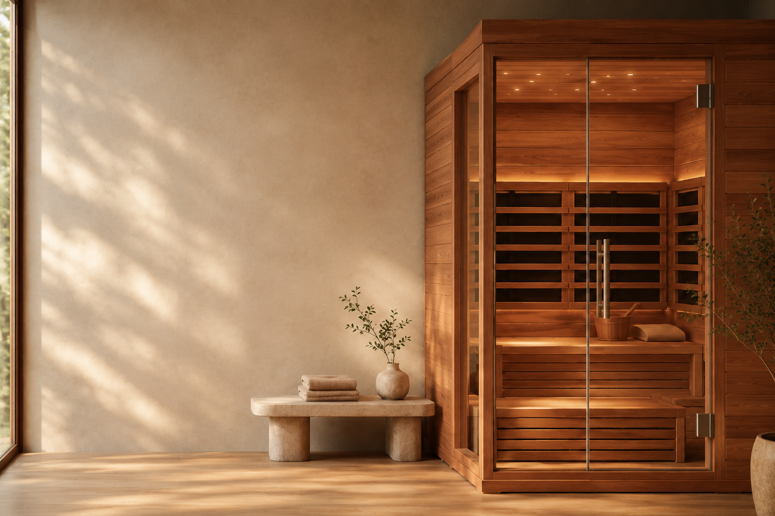 Warm cedar infrared sauna in a serene, naturally lit wellness room